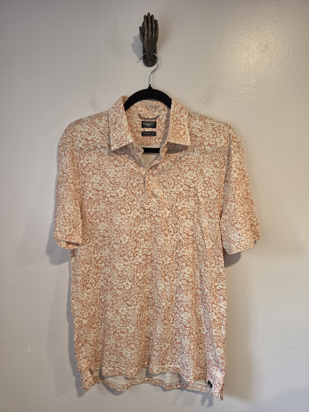 Faherty Men's Peach and White Cotton Blend Printed Polo Shirt Size Medium